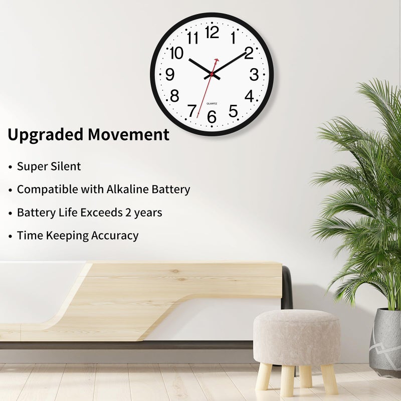 Foxtop Black Wall Clock Silent Non-Ticking 12 Inch Quartz Battery Operated Round Analog Wall Clock for Classroom School Office Living Room Bedroom Home - Image 3
